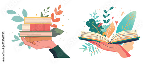 Book in hand, offering knowledge. Recommending literature to read. Student taking textbook.