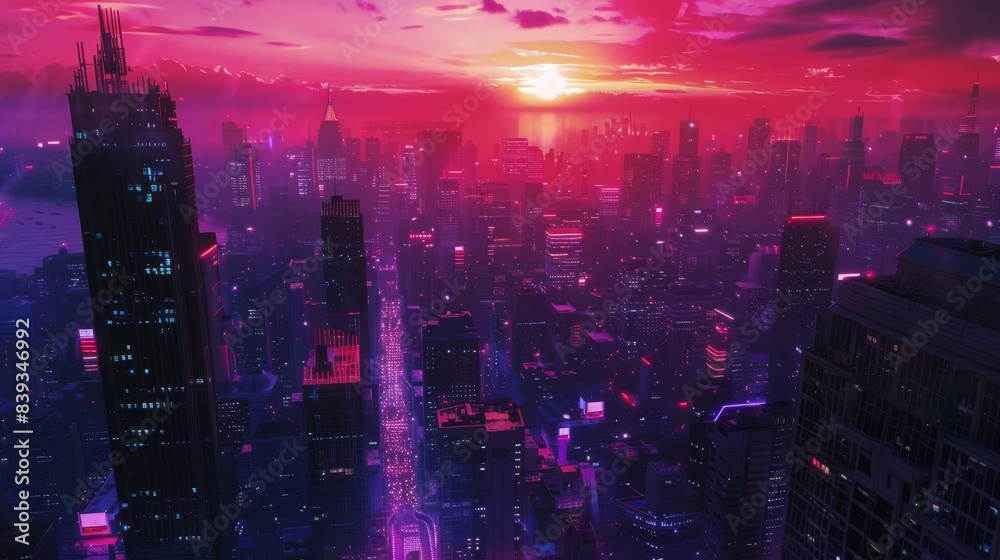 Obraz premium cyberpunk city at sundown, aerial view, digital art style