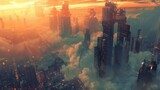 cyberpunk city at sundown, aerial view, digital art style 