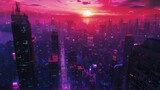 cyberpunk city at sundown, aerial view, digital art style 