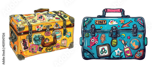Sticker and badge decorated suitcase cartoon illustration