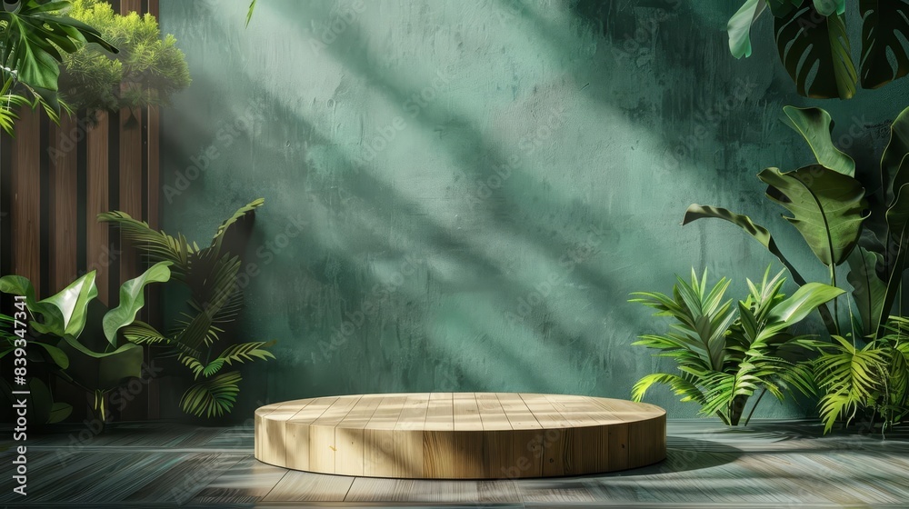 tropical forest wood pedestal for product presentation green wall background 3d rendering