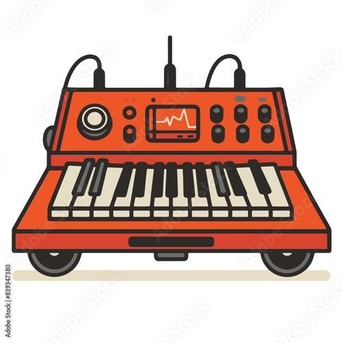 Cartoon styled electronic keyboard synthesizer with orange body, cables, and sound wave display on white background, vector illustration.