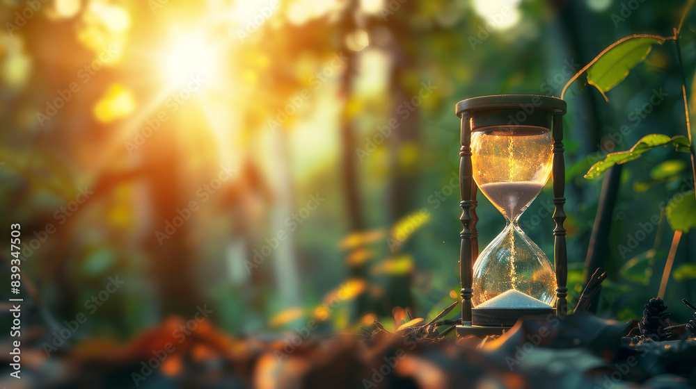 Hourglass in sunlit forest setting emphasizing patience and natural flow of time Hourglass in sunlit forest setting emphasizing patience and natural flow of time