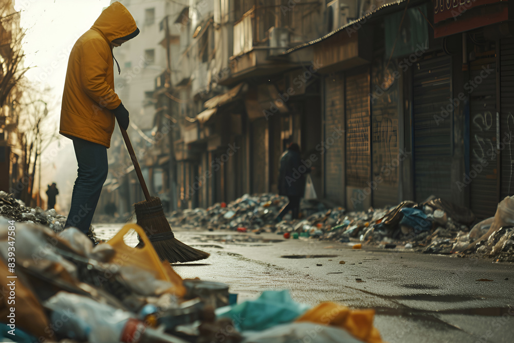 Janitor sweeps dirty garbage and leaves on city street with broom. Polluted city of the future, devastation, post-apocalypse