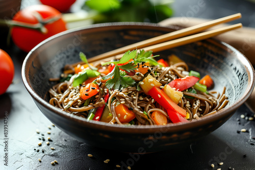 Asian cuisine dish, buckwheat soba noodles with vegetables, served in plate with chopsticks. National Japanese dish. Generative AI