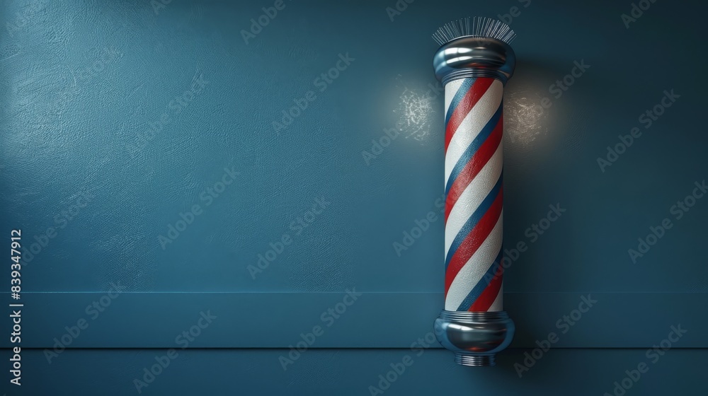 A red, white, and blue barber pole against a blue wall A red, white, and blue barber pole against a blue wall
