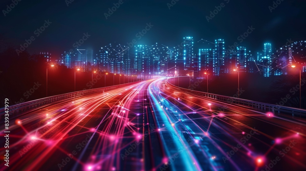 Smart city and abstract polygon pattern connection with speed line light, big data connection technology concept Smart city and abstract polygon pattern connection with speed line light, big data connection technology concept