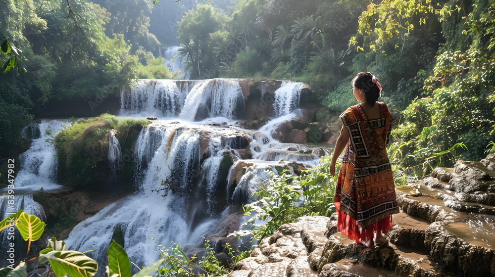 Young woman in traditional Laotian sinh, standing by a cascading waterfall in a lush forest, capturing the harmony between culture and nature Young woman in traditional Laotian sinh, standing by a cascading waterfall in a lush forest, capturing the harmony between culture and nature