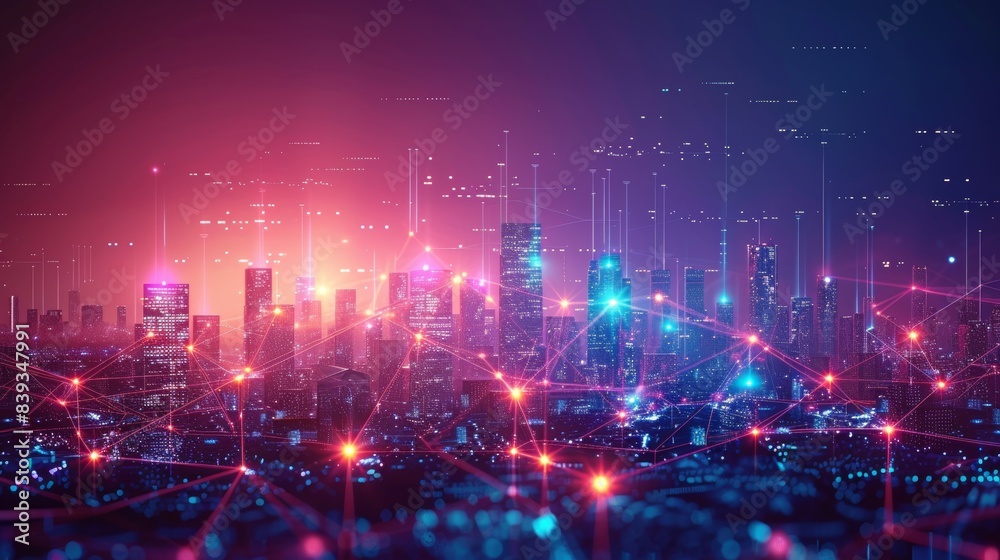 Smart city and abstract polygon pattern connection with speed line light, big data connection technology concept Smart city and abstract polygon pattern connection with speed line light, big data connection technology concept