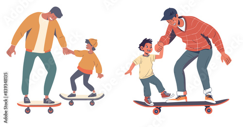 An active family time outdoors. Dad teaching a happy child to ride a skateboard with hands holding for support.