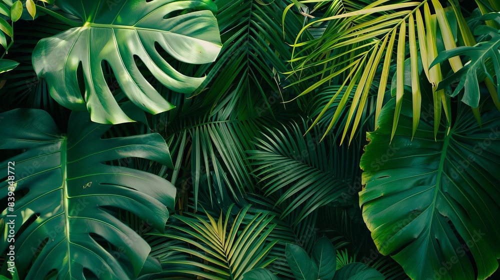 Fototapeta premium tropical summer background with lush green palm leaves and exotic plants luxury vacation concept