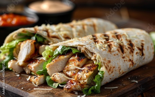 A grilled chicken Caesar wrap with lettuce and Parmesan cheese photo
