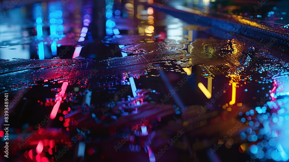 Close-up of a wet urban road reflecting neon lights, slick and vibrant, night in the city, no humans Close-up of a wet urban road reflecting neon lights, slick and vibrant, night in the city, no humans