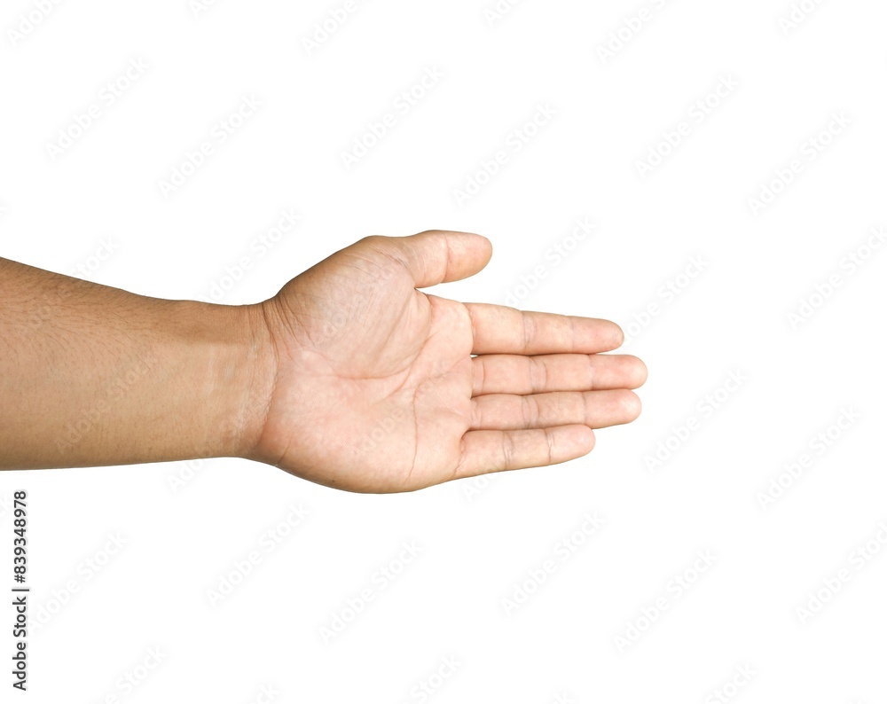 The man's hands open and stretched forward as if to help. Or doing handshake or about to grab with business concept isolated on white background.