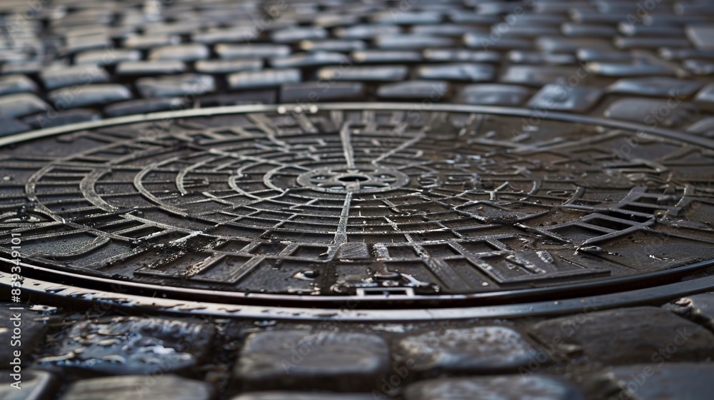 Manhole cover on an urban road, close-up, detailed ironwork, essential city infrastructure, no people Manhole cover on an urban road, close-up, detailed ironwork, essential city infrastructure, no people