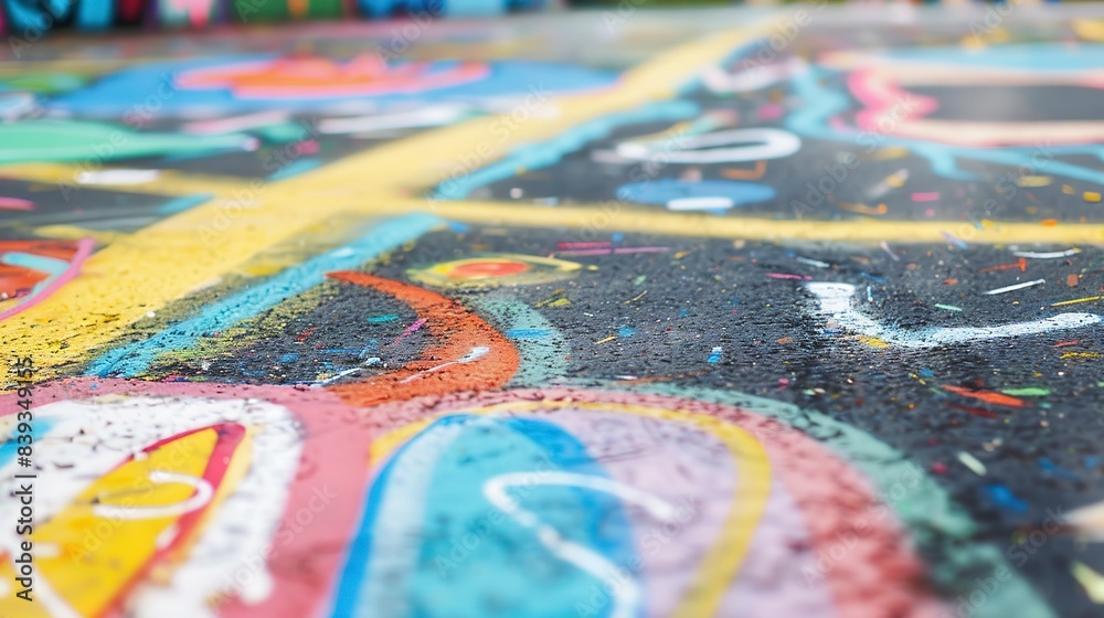 Obraz premium Street art on urban asphalt, close-up, colorful graffiti painted on the road, expressive city culture, no humans 