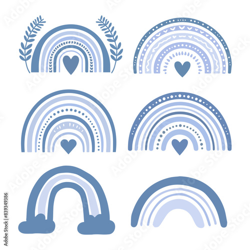 Blue Rainbow Set. Boho Rainbow. Rainbow with Heart. Vector Rainbow. Rainbow Background. Vector Illustration