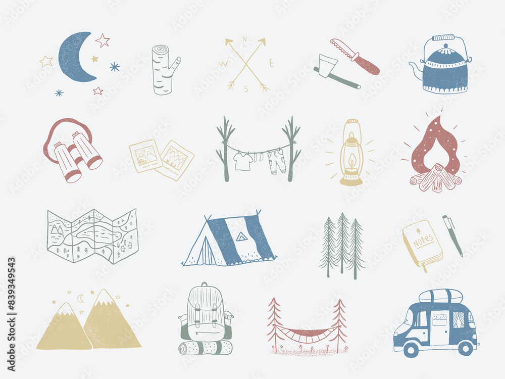 Camping clip art, Hiking lineart set, outdoor adventure, nature, vanlife hand drawn minimal icons, ,camper van