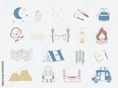 Camping clip art, Hiking lineart set, outdoor adventure, nature, vanlife hand drawn minimal icons, ,camper van