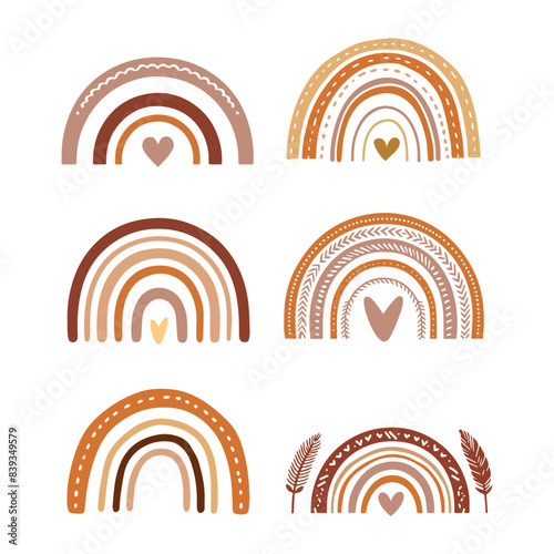 Hand drawn autumn rainbow. Clouds and raindrops. Boho Rainbow set. Rainbow vector. Vector illustration