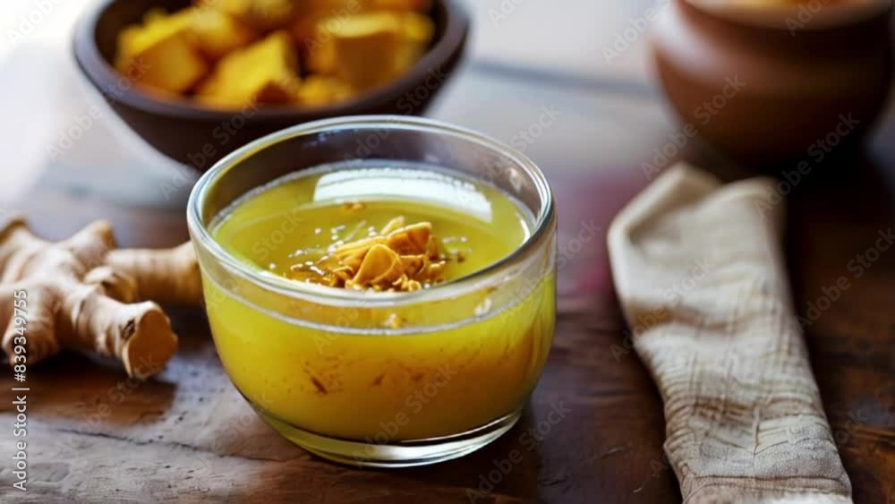 A soothing and aromatic drink, with freshly grated ginger and earthy turmeric, simmering in a pot of warm water A soothing and aromatic drink, with freshly grated ginger and earthy turmeric, simmering in a pot of warm water