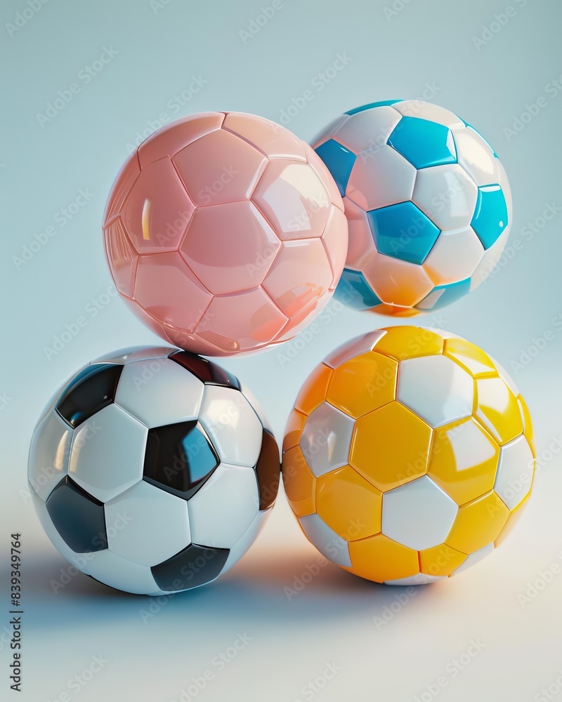 Five colorful soccer balls stacked in a pyramid. Five colorful soccer balls stacked in a pyramid.
