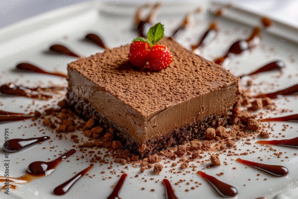 Decadent chocolate cake slice topped with a fresh strawberry, drizzled with chocolate sauce, creating a rich and indulgent dessert presentation Decadent chocolate cake slice topped with a fresh strawberry, drizzled with chocolate sauce, creating a rich and indulgent dessert presentation