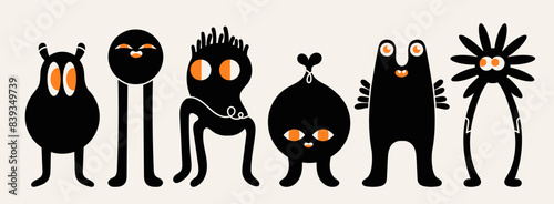 Abstract little Monsters or fantastic animals. Various quirky funny creatures. Cartoon childish style. Cute black characters. Hand drawn Vector illustration. Isolated design elements