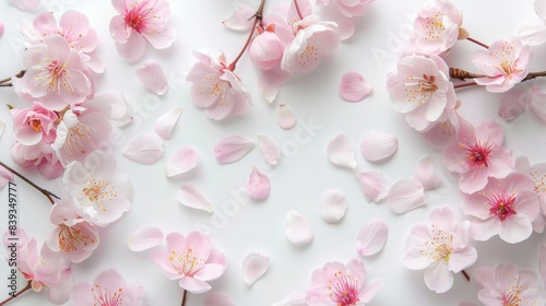 Spring tree flowers and petals, white background generative ai