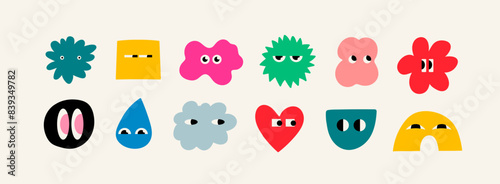 Vector: Set of Various bright Doodle shapes with face emotions. Different figures. Hand drawn trendy Vector illustration for kids. Cute funny characters. All elements are isolated Set of Various bright Doodle shapes with face emotions. Different figures. Hand drawn trendy Vector illustration for kids. Cute funny characters. All elements are isolated