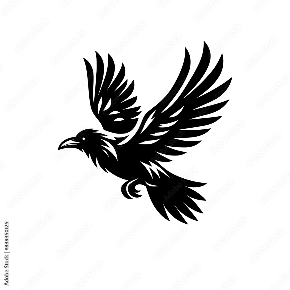Vector logo of a flying raven. black and white illustration of a crow isolated on a white background. can be used as an emblem, logo, or tattoo. Vector logo of a flying raven. black and white illustration of a crow isolated on a white background. can be used as an emblem, logo, or tattoo.