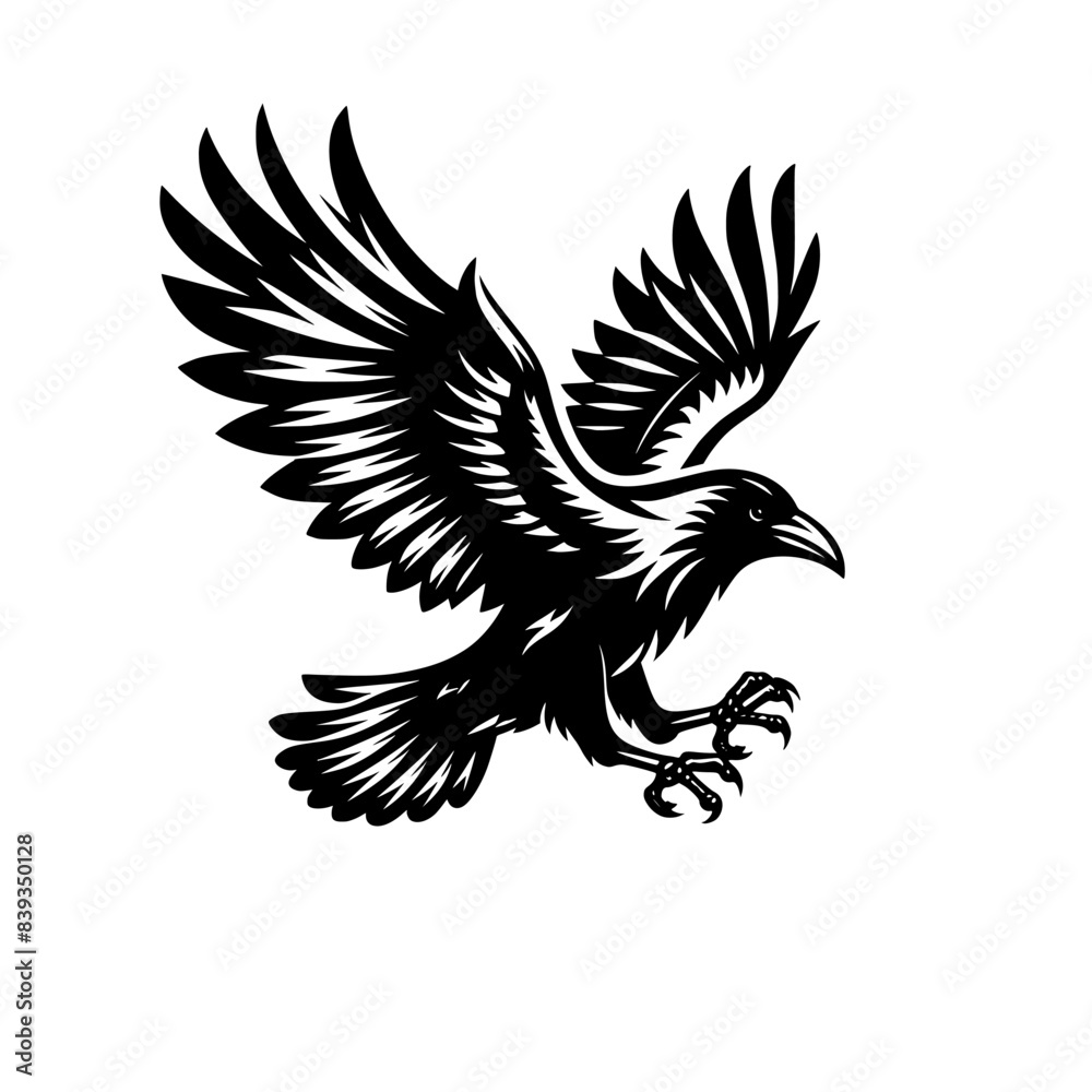 Fototapeta premium Vector logo of a flying raven. black and white illustration of a crow isolated on a white background. can be used as an emblem, logo, or tattoo.
