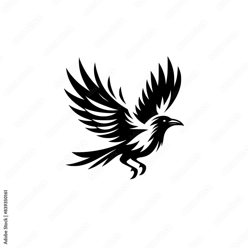 Fototapeta premium Vector logo of a flying raven. black and white illustration of a crow isolated on a white background. can be used as an emblem, logo, or tattoo.