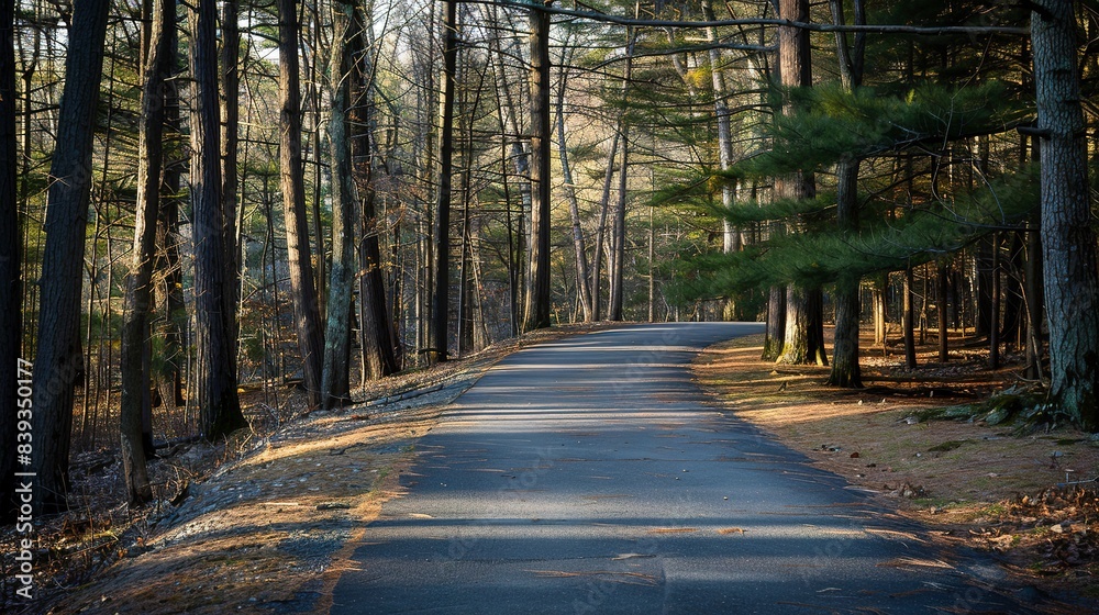 Obraz premium Paved trail in an empty forest, close-up, sunlight filtering through tall trees, tranquil and undisturbed, no people