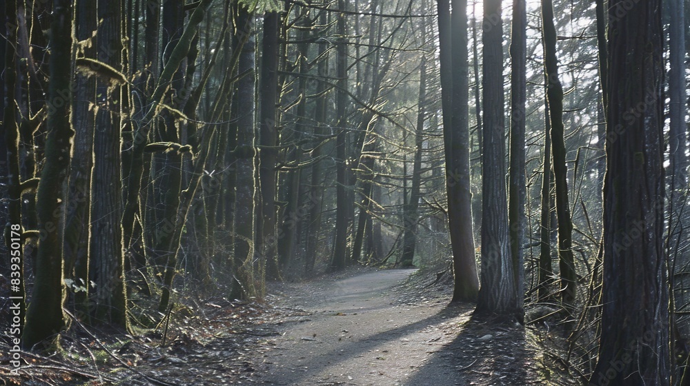 Obraz premium Paved trail in an empty forest, close-up, sunlight filtering through tall trees, tranquil and undisturbed, no people 
