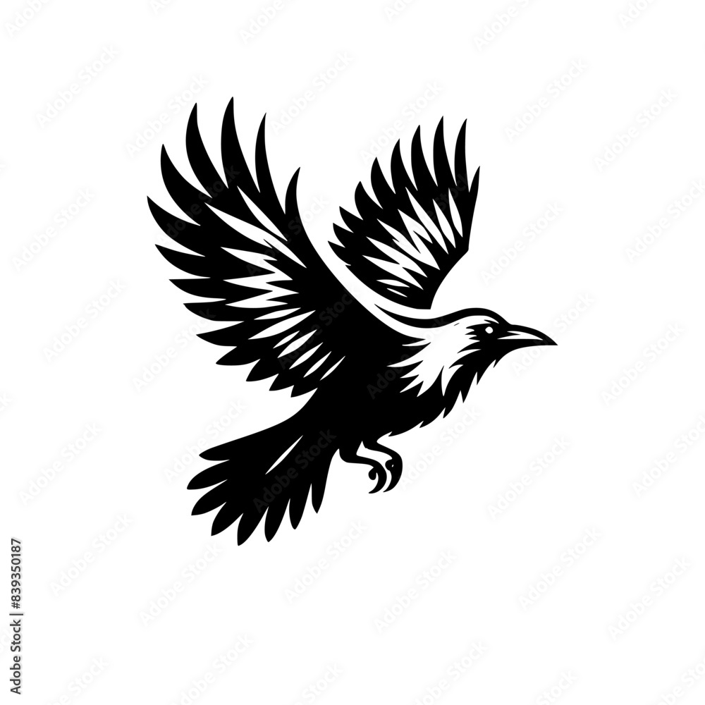 Obraz premium Vector logo of a flying raven. black and white illustration of a crow isolated on a white background. can be used as an emblem, logo, or tattoo.