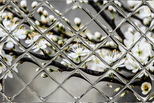fruits blossom, spring through window panes