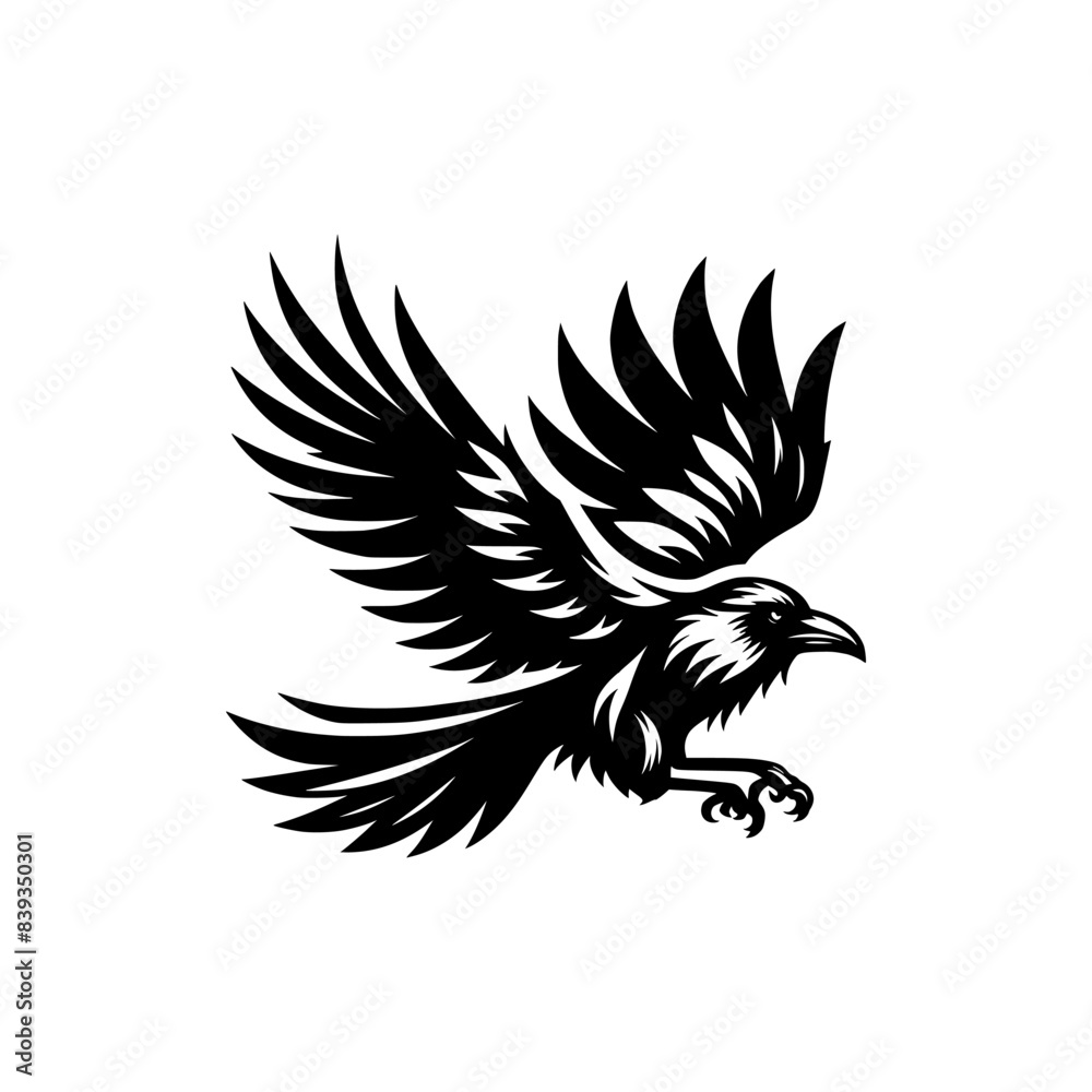 Obraz premium Vector logo of a flying raven. black and white illustration of a crow isolated on a white background. can be used as an emblem, logo, or tattoo.