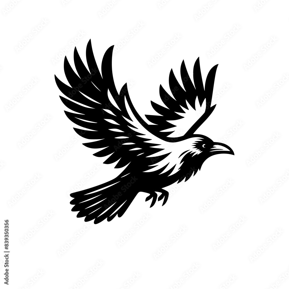 Fototapeta premium Vector logo of a flying raven. black and white illustration of a crow isolated on a white background. can be used as an emblem, logo, or tattoo.