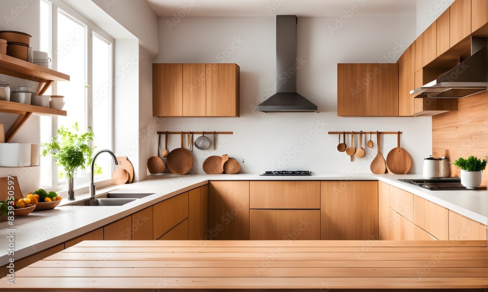 Empty Wooden table with background of modern kitchen interior. Generative ai 
