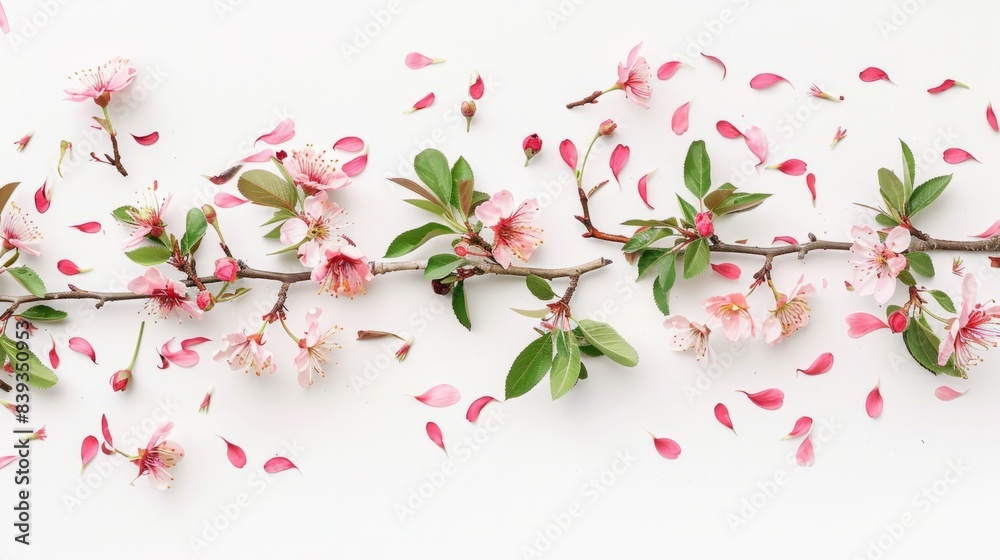 Fototapeta premium Spring tree flowers and petals, white background generative ai