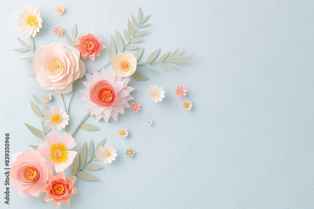Obraz premium Flowers paper cut design. Beautiful spring paper cut flowers on soft color background. Valentine's Day, Birthday, Happy Woman Day, Mother's Day. Holiday poster and banner with flower papercut