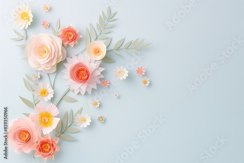 Flowers paper cut design. Beautiful spring paper cut flowers on soft color background. Valentine's Day, Birthday, Happy Woman Day, Mother's Day. Holiday poster and banner with flower papercut