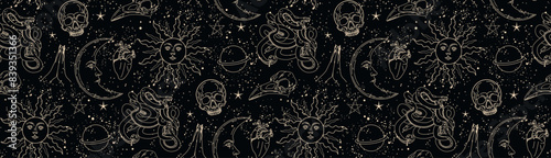 Seamless pattern with mystical elements. Set of linear vector illustrations. Celestial illustrations depicting the sun, moon, planet. design elements for decoration in a modern style.Gothic pattern. 