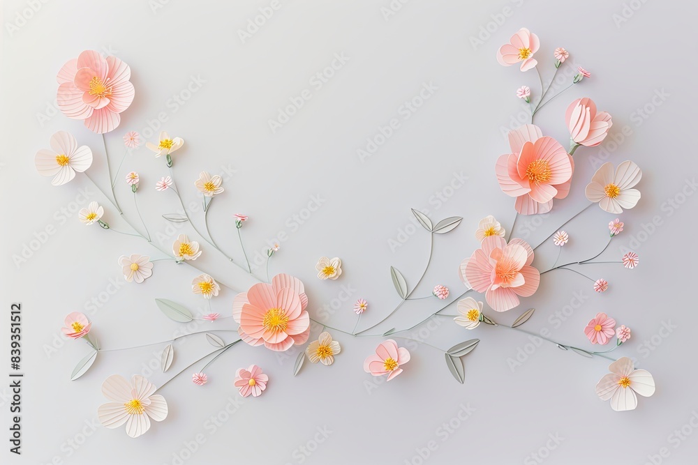 Flowers paper cut design. Beautiful spring paper cut flowers on soft color background. Valentine's Day, Birthday, Happy Woman Day, Mother's Day. Holiday poster and banner with flower papercut Flowers paper cut design. Beautiful spring paper cut flowers on soft color background. Valentine's Day, Birthday, Happy Woman Day, Mother's Day. Holiday poster and banner with flower papercut