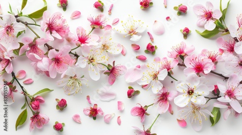 Spring tree flowers and petals, white background generative ai