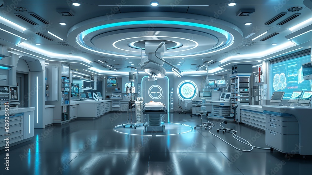 Futuristic High-Tech Medical Operating Room with Advanced Equipment and Robotic Surgery Systems in a Modern Hospital Setting Futuristic High-Tech Medical Operating Room with Advanced Equipment and Robotic Surgery Systems in a Modern Hospital Setting