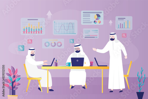 Muslim businesspeople analyze stock market and charts . Arab people in traditional arabian clothes. Traders met to discussion and brainstorming. Group of businessman work together.