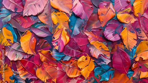 vibrant abstract autumn leaves painting with expressive oil brushstrokes on canvas texture © Bijac